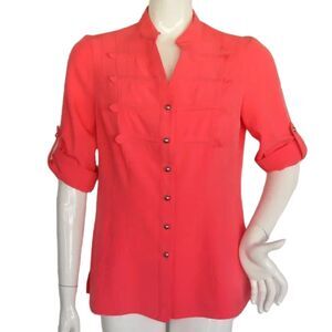 KATHY CHE Top, M, Pink/Salmon, Tab/Roll Sleeve, Split neck, Stretch, Buttons